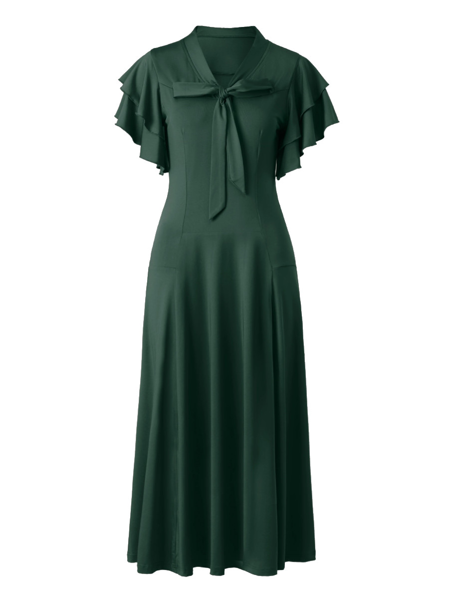 Babeyond 1930s Style Retro Tie Neck Midi Ruffle Dress