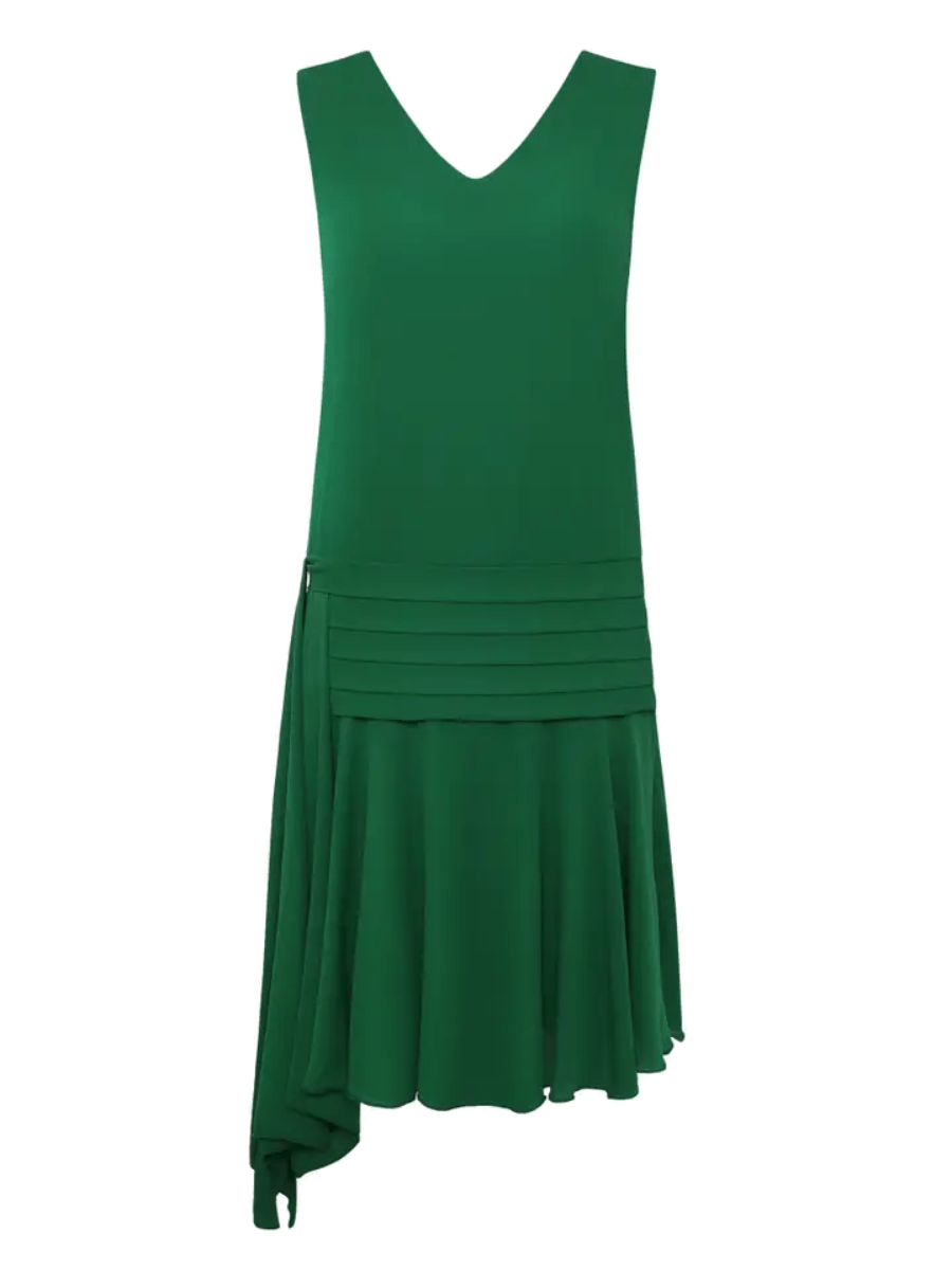1920s Style Irregular Ribbon Pleated Day Dress Green 1920s Style Irregular Ribbon Pleated Day Dress Green