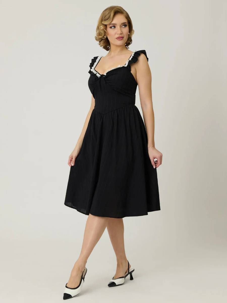 Unique Vintage Kleid Sweetheart Flutter Sleeve Swing Dress schwarz