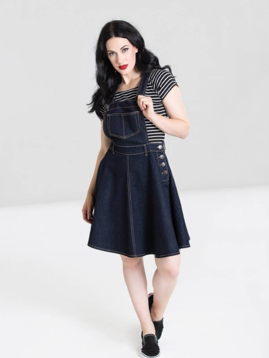 Hell Bunny Dakota Pinafore Dress Navy Denim