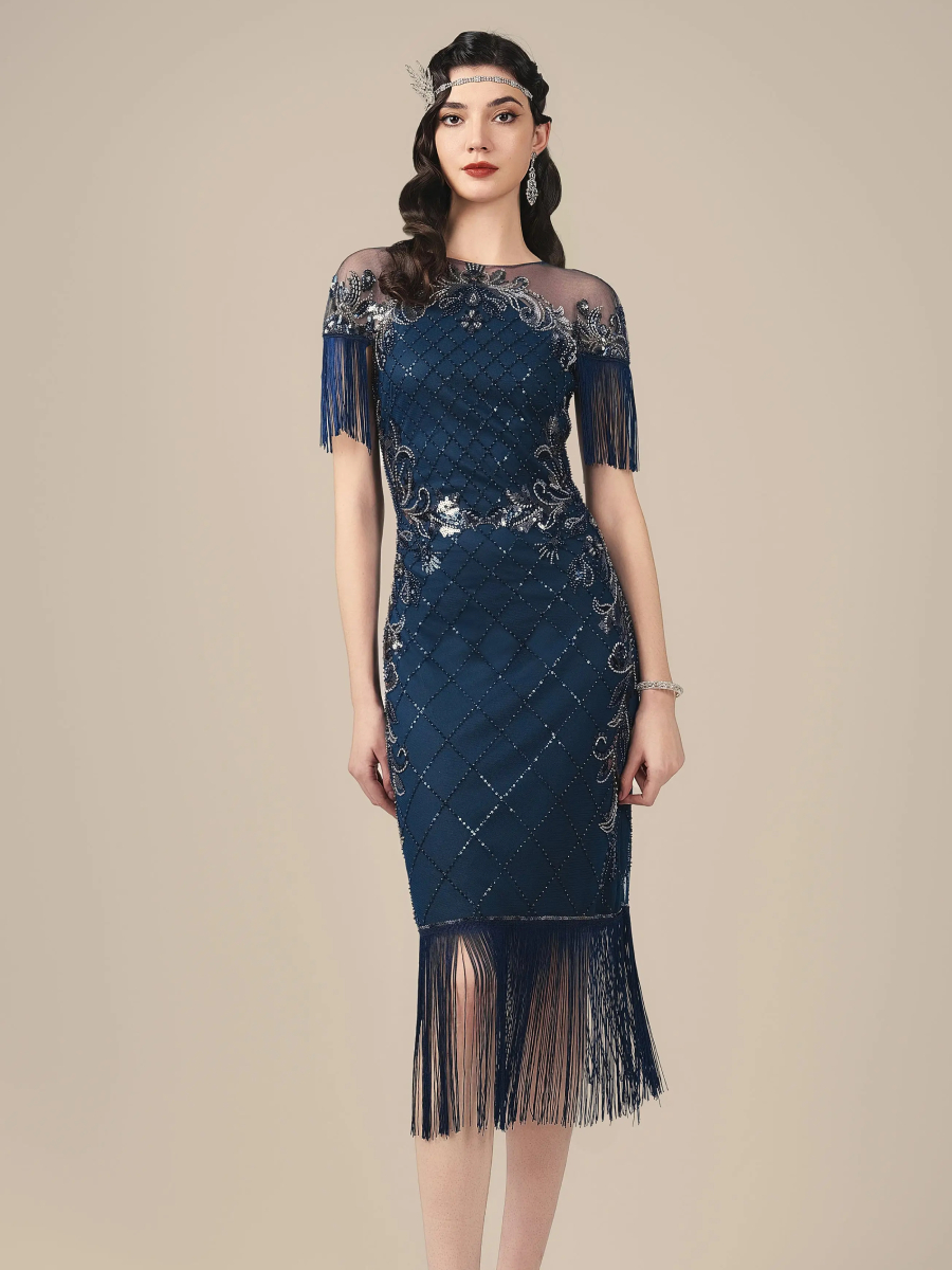 Babeyond Diamond Beaded Flapper Dress Midnight Blue