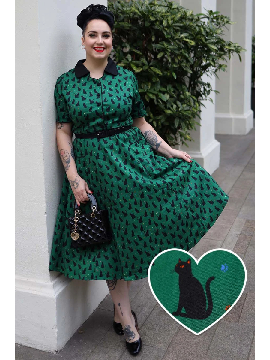 Dolly & Dotty Penelope Black Cat Midi Dress Green