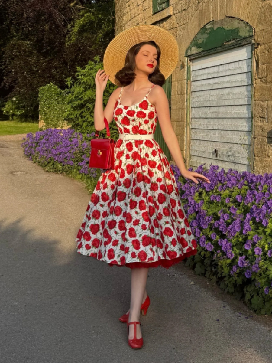 The Pretty Dress Company Priscilla Red Rose Cotton Midi Dress