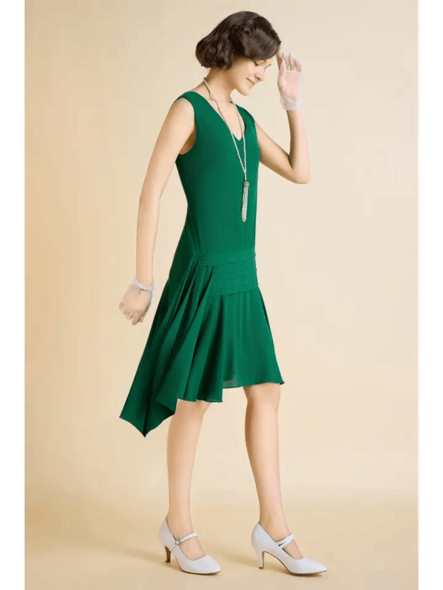 1920s Style Irregular Ribbon Pleated Day Dress Green 1920s Style Irregular Ribbon Pleated Day Dress Green