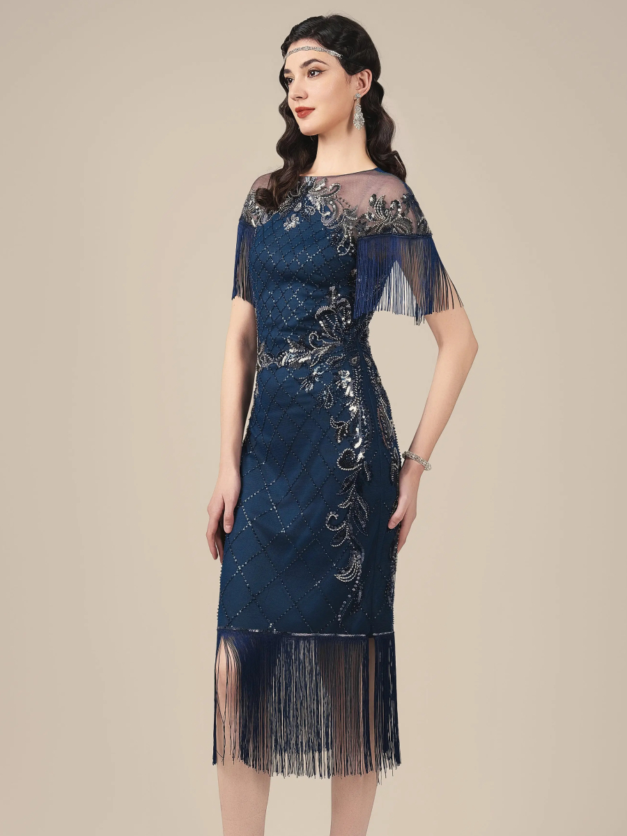Babeyond Diamond Beaded Flapper Dress Midnight Blue