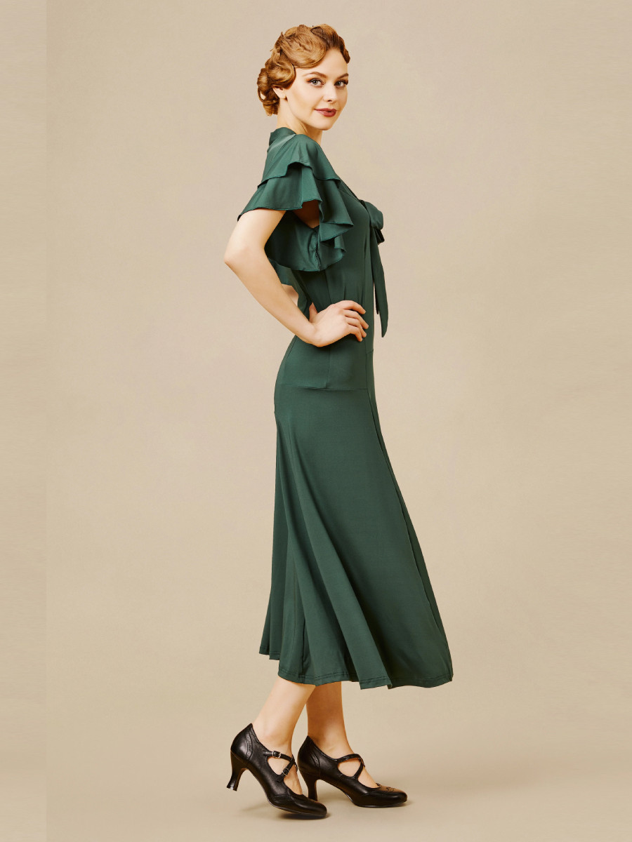 Babeyond 1930s Style Retro Tie Neck Midi Ruffle Dress