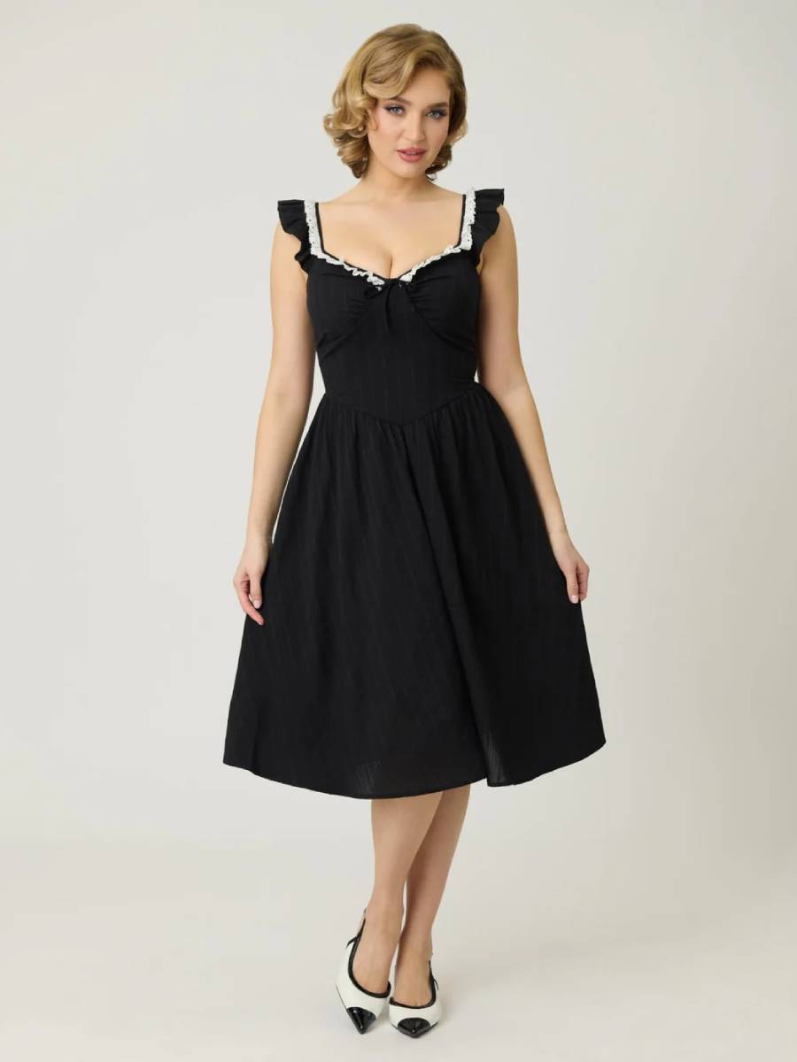 Unique Vintage Sweetheart Flutter Sleeve Swing Dress Black