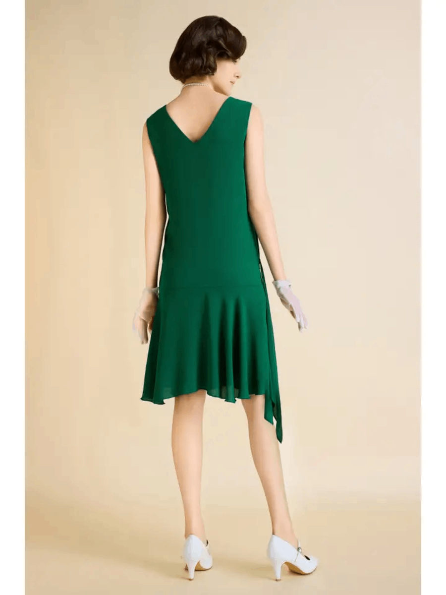 1920s Style Irregular Ribbon Pleated Day Dress Green 1920s Style Irregular Ribbon Pleated Day Dress Green
