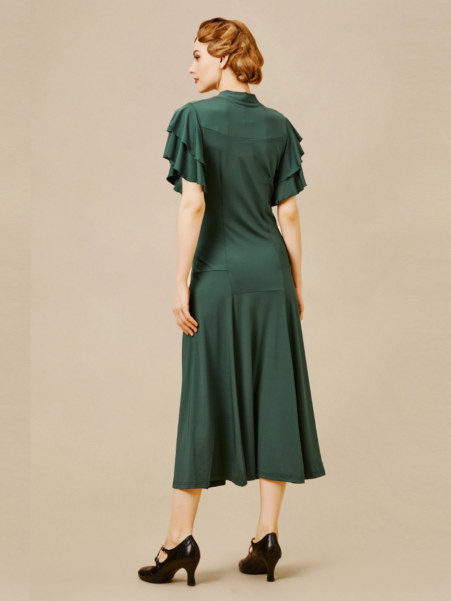 Babeyond 1930s Style Retro Tie Neck Midi Ruffle Dress